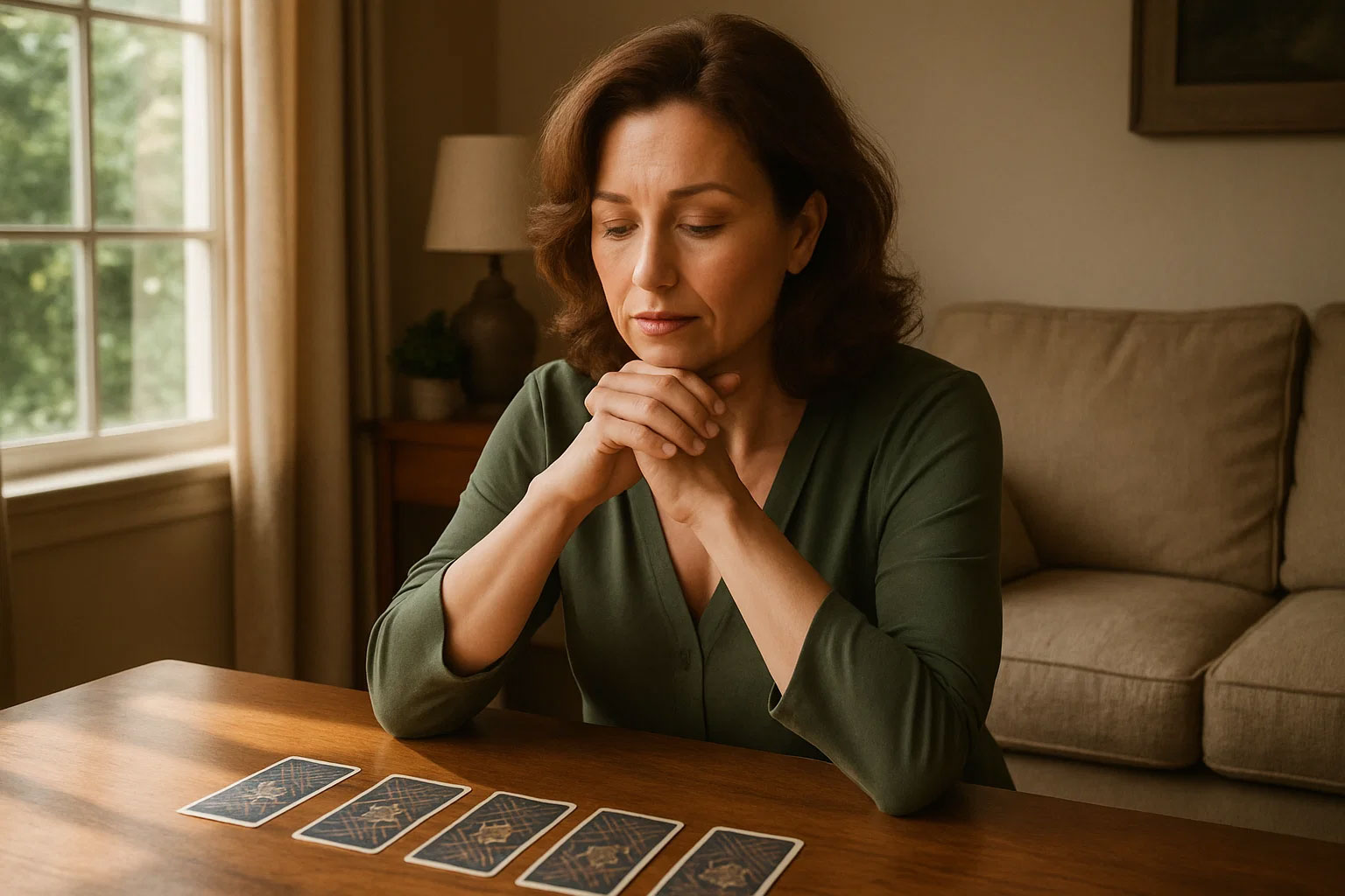 Woman contemplating tarot cards