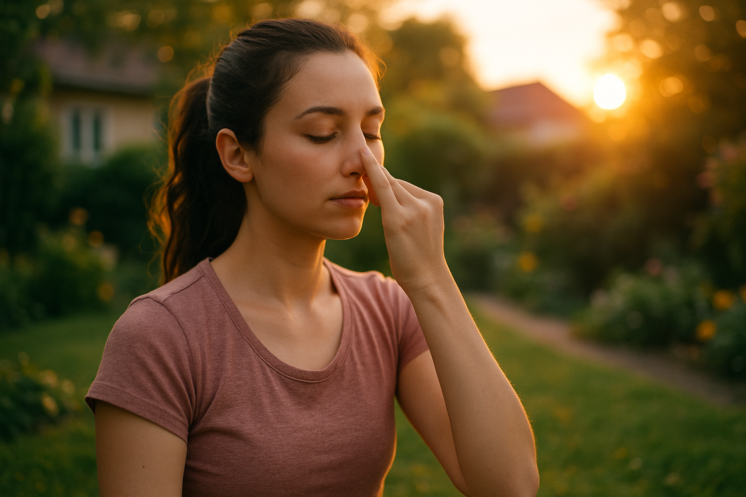 Person sitting peacefully outdoors doing breathing exercises, surrounded by nature