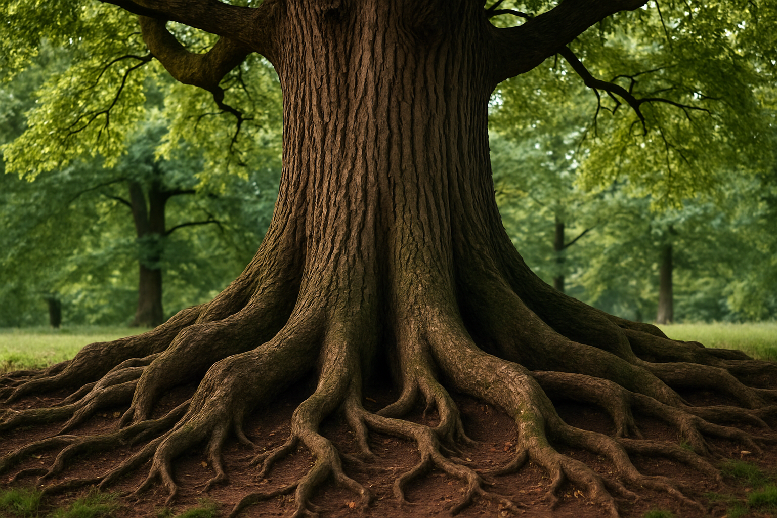 Strong tree with deep roots extending into the earth, representing the concept of being grounded and stable