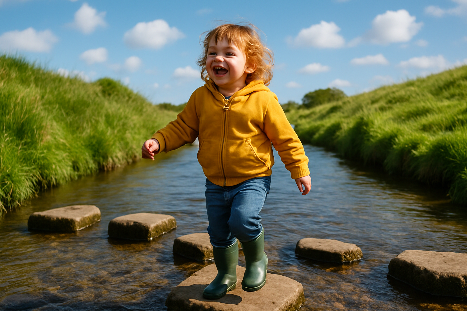 Stepping stones across a calm stream, representing gradual progress and gentle expansion