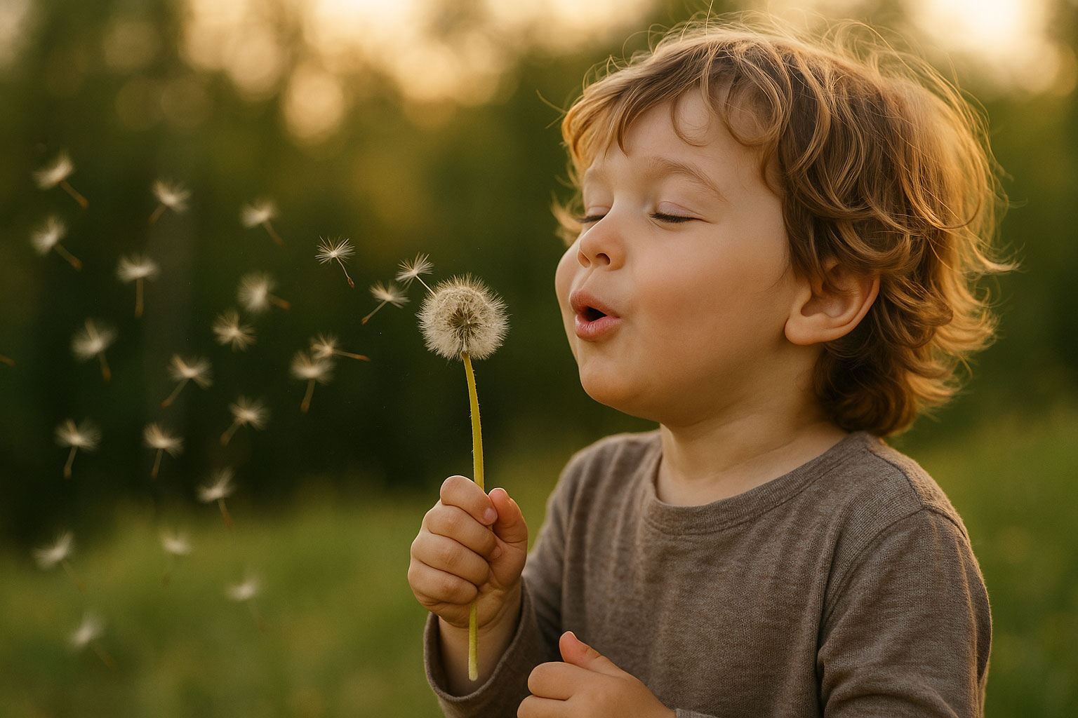 Child blowing dandelion seeds into the wind with pure joy and wonder