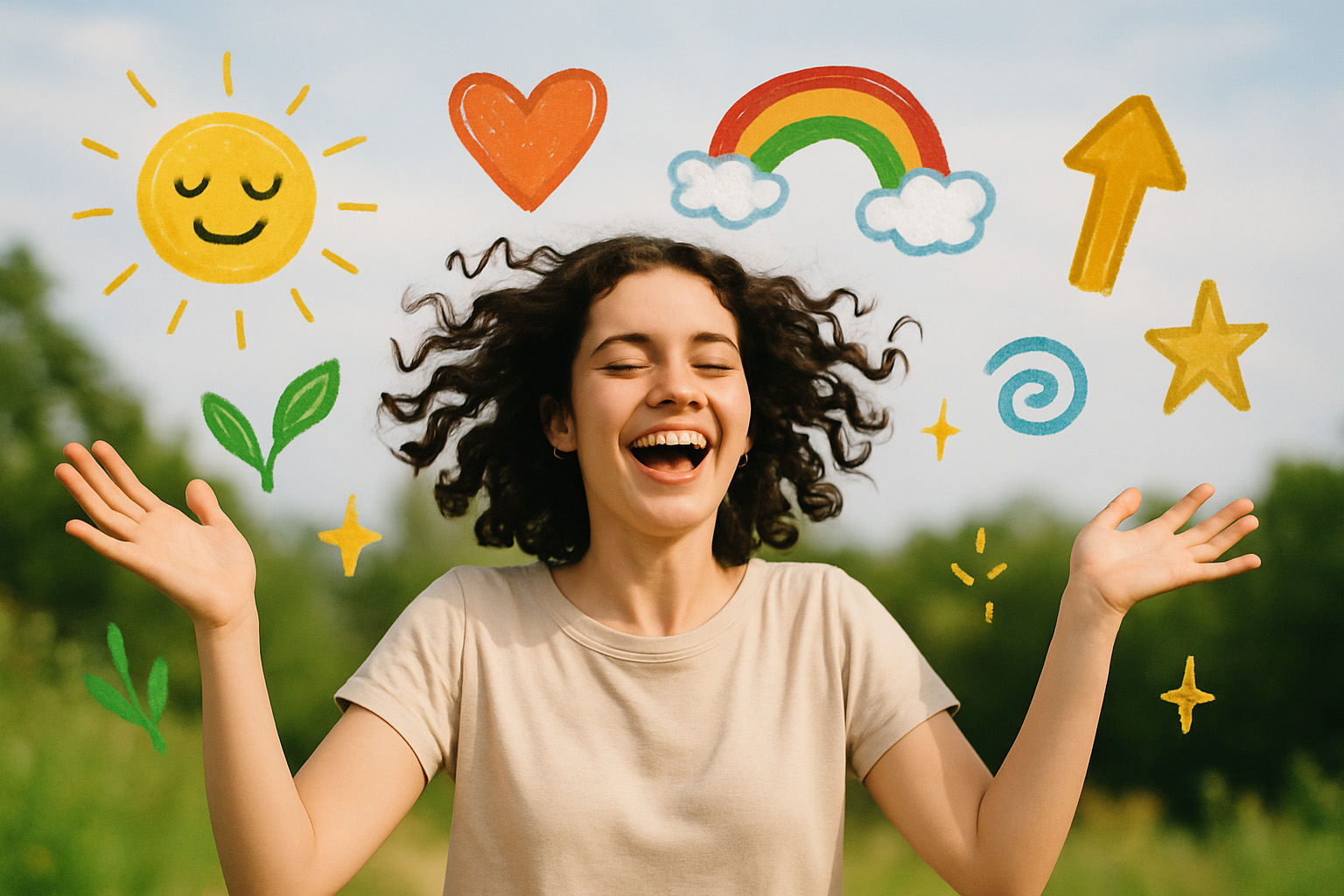 Person in a state of joy and play, with manifestations flowing naturally around them