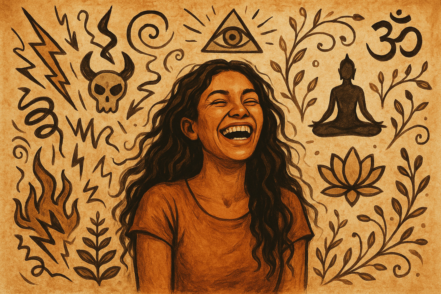 Person laughing while surrounded by both chaotic and peaceful spiritual symbols, representing growth through mess